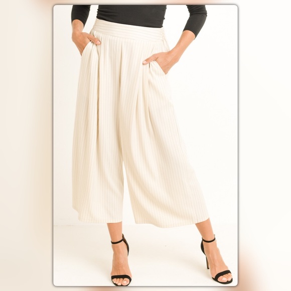 Cream Pinstripe Wide Leg Pants - Picture 3 of 4